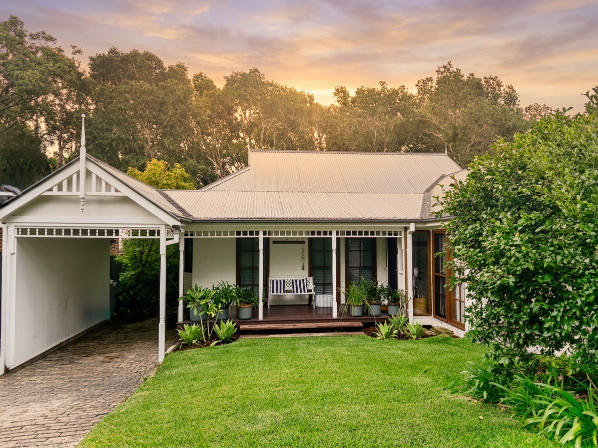 Front exterior of Forries Beach Cottage at Forresters Beach on the NSW Central Coast during golden hour